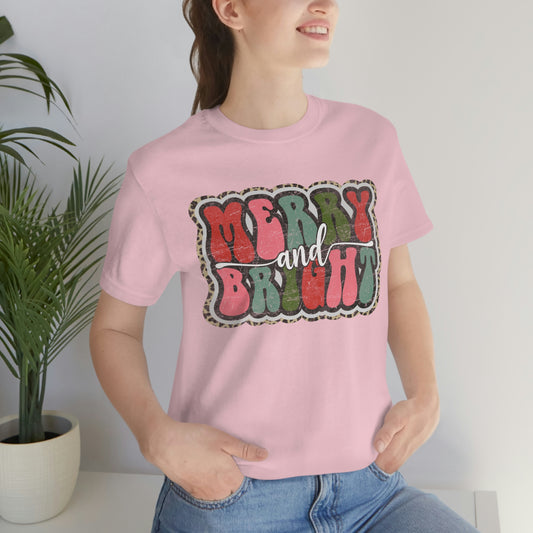 Retro Merry & Bright Women's Christmas T-Shirt Bella+Canvas Unisex Jersey Short Sleeve Tee